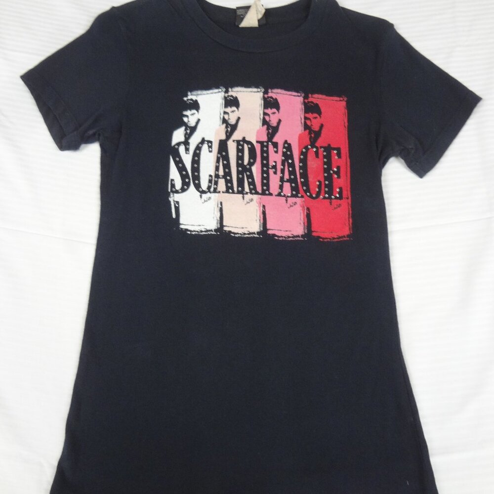 VINTAGE SCARFACE JEWELED LOGO TONY MONTANTA - BLACK LARGE WOMENS T-SHIRT K656